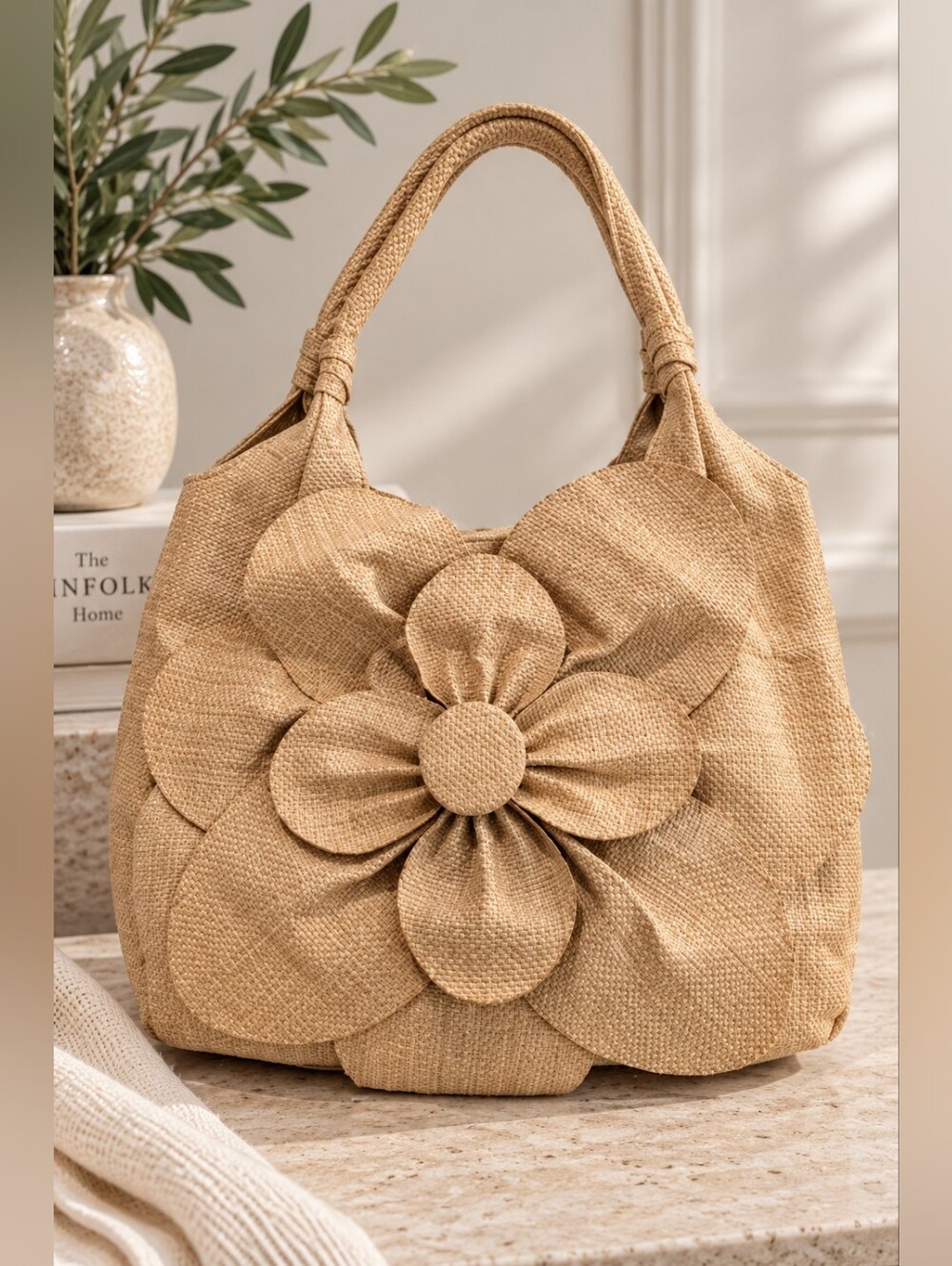 Avon Woven Elegant Tan Floral Tote Bag